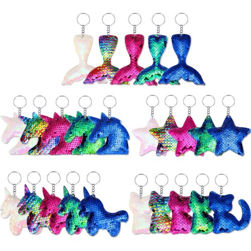  Yaomiao 25 Pieces Sequin Keychains Flip Sequins Keychain with Unicorn Mermaid Tail Cat Star Shape for Kids Girls Birthday Party Christmas Gifts