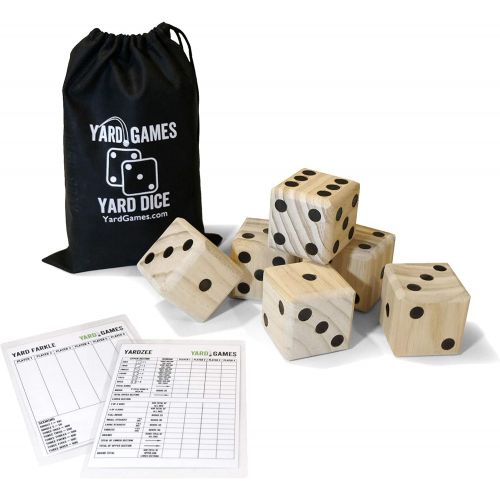  Yard Games Large 2.5 Wooden Yard Dice with Laminated Yardzee and Yard Farkle Includes 6 Dice with Durable Carrying Case