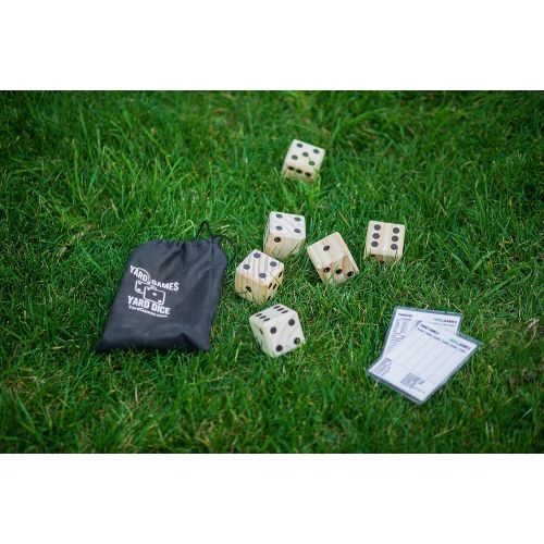  Yard Games Large 2.5 Wooden Yard Dice with Laminated Yardzee and Yard Farkle Includes 6 Dice with Durable Carrying Case