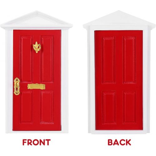  Yardwe 1pc Mini Wooden Door Miniature Wooden Door Furniture Model Fairy Door Opening with Accessories/Tooth Fairy Door for Fairy Tale Education Learning Toy Pretend Playset (Red)