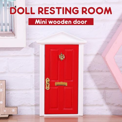  Yardwe 1pc Mini Wooden Door Miniature Wooden Door Furniture Model Fairy Door Opening with Accessories/Tooth Fairy Door for Fairy Tale Education Learning Toy Pretend Playset (Red)