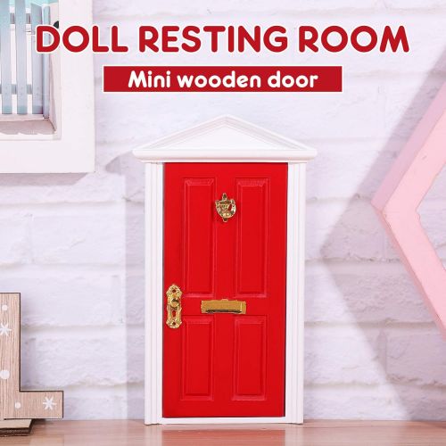  Yardwe 1pc Mini Wooden Door Miniature Wooden Door Furniture Model Fairy Door Opening with Accessories/Tooth Fairy Door for Fairy Tale Education Learning Toy Pretend Playset (Red)