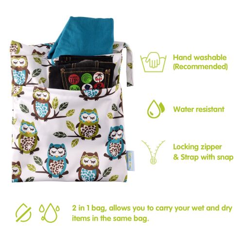  [아마존베스트]Yarra Modes Wet Dry Bag Splice Cloth Diaper Wet Bags Waterproof Double Infant Stroller Travel Small Size Zipper Snap Handing for Swimwear Bathing Suit Baby Kids Reusable (Giraffe and Owls)