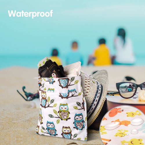  [아마존베스트]Yarra Modes Wet Dry Bag Splice Cloth Diaper Wet Bags Waterproof Double Infant Stroller Travel Small Size Zipper Snap Handing for Swimwear Bathing Suit Baby Kids Reusable (Giraffe and Owls)