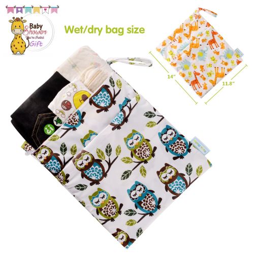  Yarra Modes Wet Dry Bag Splice Cloth Diaper Wet Bags Waterproof Double Infant Stroller Travel Small Size Zipper Snap Handing for Swimwear Bathing Suit Baby Kids Reusable (Giraffe and Owls)