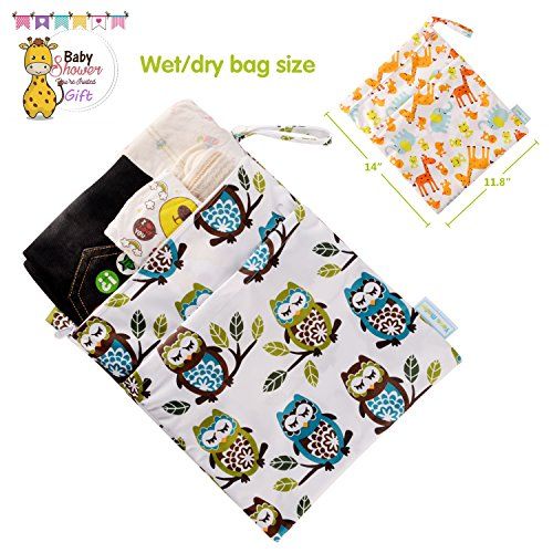  Yarra Modes Wet Dry Bag Splice Cloth Diaper Wet Bags Waterproof Double Infant Stroller Travel Small Size Zipper Snap Handing for Swimwear Bathing Suit Baby Kids Reusable (Giraffe and Owls)