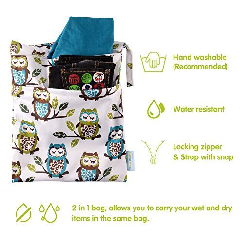  Yarra Modes Wet Dry Bag Splice Cloth Diaper Wet Bags Waterproof Double Infant Stroller Travel Small Size Zipper Snap Handing for Swimwear Bathing Suit Baby Kids Reusable (Giraffe and Owls)