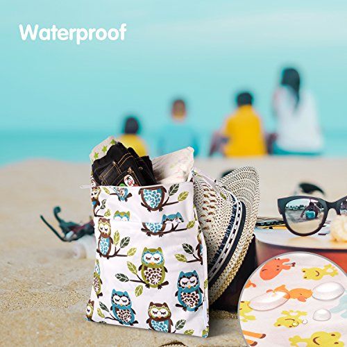  Yarra Modes Wet Dry Bag Splice Cloth Diaper Wet Bags Waterproof Double Infant Stroller Travel Small Size Zipper Snap Handing for Swimwear Bathing Suit Baby Kids Reusable (Giraffe and Owls)