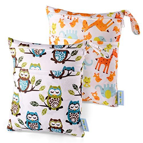  Yarra Modes Wet Dry Bag Splice Cloth Diaper Wet Bags Waterproof Double Infant Stroller Travel Small Size Zipper Snap Handing for Swimwear Bathing Suit Baby Kids Reusable (Giraffe and Owls)