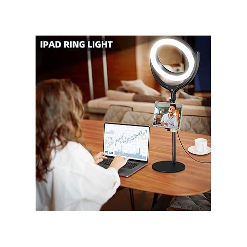  10.5'' Desk Ring Light with Stand and Phone iPad Holder, Computer Ring Light for Zoom Calls Video Conference Online Meeting, Halo Light Ring with Stand for Live Streaming Makeup Video Recording