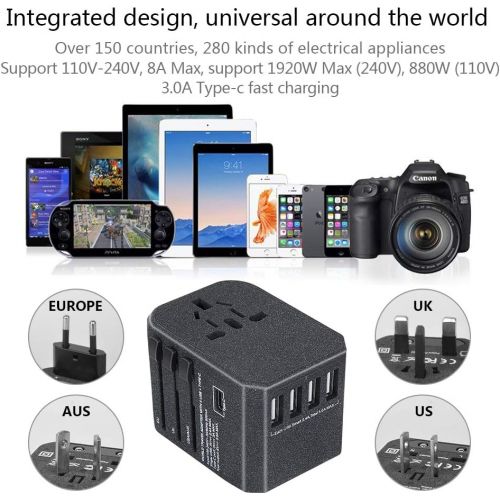  [아마존 핫딜] Power Plug Adapter - Yarrashop All in One Universal Power Adapter with 1 Type C Ports, 4 USB Wall Charger Plug for European US, EU, UK, AU 150+ Countries