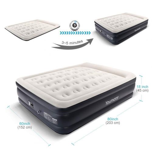  Yaumany Air Mattress Queen Size Raised Airbed Plus Pillow,Cup Hole Inflatable Queen Air Bed with Built-in Electric Pump,80 x 60 x 18 inches
