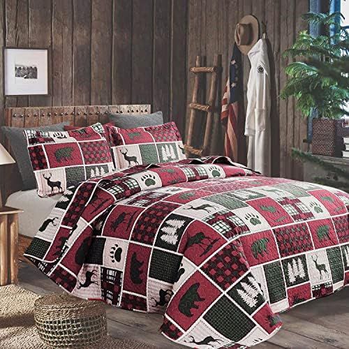  [아마존베스트]Ycosy Moose Elk Quilt Set Rustic Lodge Cabin Bedspread Red Buffalo Bear Deer Coverlets Reversible Festive Lightweight Twin Size Bed Sheets Summer Quilt Blanket Throw 2 Pillow Shams