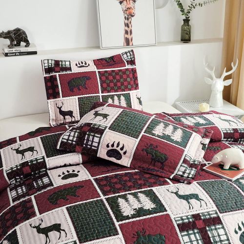  [아마존베스트]Ycosy Moose Elk Quilt Set Rustic Lodge Cabin Bedspread Red Buffalo Bear Deer Coverlets Reversible Festive Lightweight Twin Size Bed Sheets Summer Quilt Blanket Throw 2 Pillow Shams