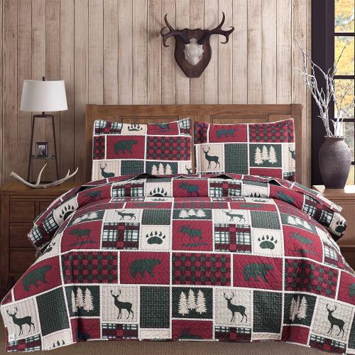  [아마존베스트]Ycosy Moose Elk Quilt Set Rustic Lodge Cabin Bedspread Red Buffalo Bear Deer Coverlets Reversible Festive Lightweight Twin Size Bed Sheets Summer Quilt Blanket Throw 2 Pillow Shams