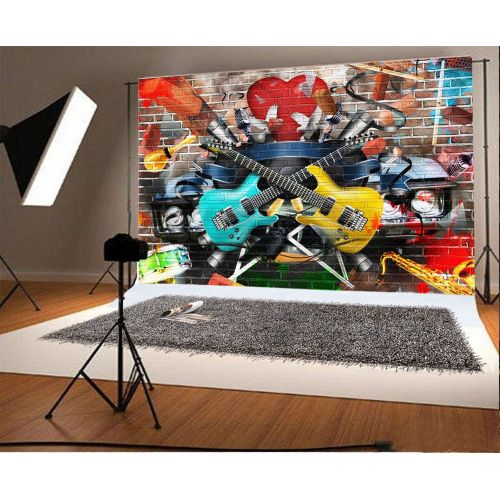  Yeele 10x8ft Graffiti Guitar Backdrop 80S 90S Rock Style Brick Wall Photography Background Picture for Home Party Banner Decoration Boy Adult Portrait Photo Booth Shooting Vinyl Cl