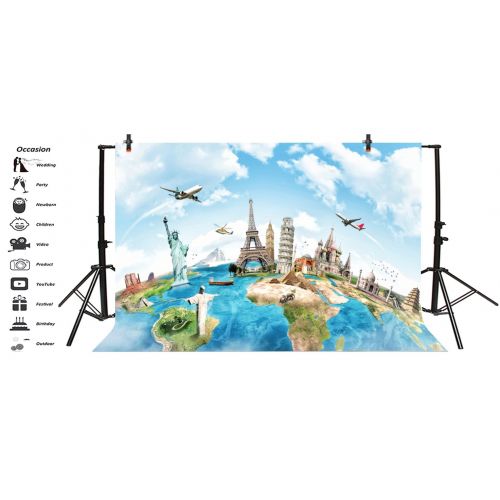  Yeele 10x8ft Globe Travel Backdrop Earth Map Worldwide Continent Famous Landmark Scenery Home Photography Background Infant Baby Adult Portrait Photo Booth Vinyl Wallpaper Photocal