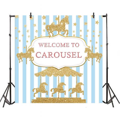  Yeele 10x10ft Carousel Backdrop Golden Stars Blue and White Stripes Background for Photography Baby Shower Kids Boy Girl Birthday Party Decoration Photo Booth Shoot Vinyl Studio Pr