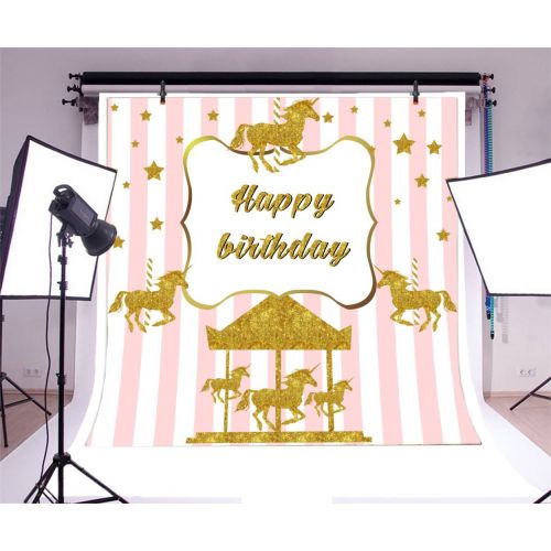  Yeele 8x8ft Baby Birthday Backdrop Cute Golden Unicorn Circus Stripe Photography Background for Picture Party Banner Decor Girl Newborn Princess Portrait Photo Booth Vinyl Studio P