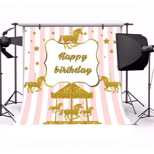  Yeele 8x8ft Baby Birthday Backdrop Cute Golden Unicorn Circus Stripe Photography Background for Picture Party Banner Decor Girl Newborn Princess Portrait Photo Booth Vinyl Studio P