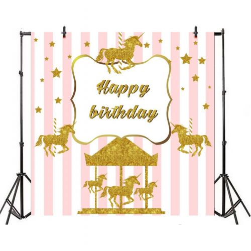  Yeele 8x8ft Baby Birthday Backdrop Cute Golden Unicorn Circus Stripe Photography Background for Picture Party Banner Decor Girl Newborn Princess Portrait Photo Booth Vinyl Studio P