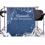 Yeele 8x8ft 40th Birthday Backdrop Jean Cloth Denim Diamonds Crystal Shoes Background for Photography Women Mother Ladies 40st Party Photo Booth Shoot Vinyl Studio Props