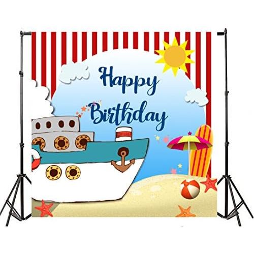  Yeele 8x8ft Happy Birthday Theme Party Photography Backdrops Vinyl Cartoon Cruise Ship Photo Background for Baby Girl Infant Adult Portrait Photo Booth Video Shoot Studio Props Wal