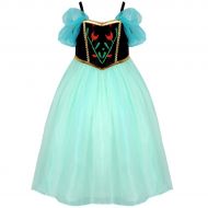 Yeesn Little Girls Princess Anna Costume Mesh Ruffle Sleeve Dress Cosplay Halloween Birthday Party Dresses (3-4 Years) Green