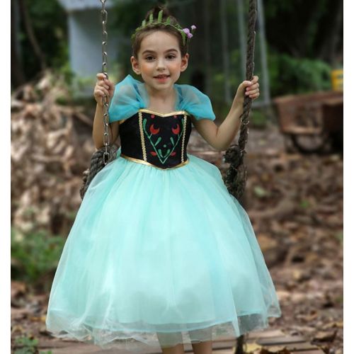  Yeesn Little Girls Princess Anna Costume Mesh Ruffle Sleeve Dress Cosplay Halloween Birthday Party Dresses (3-4 Years) Green