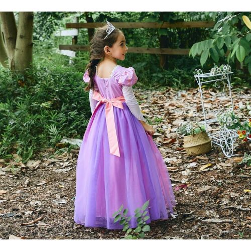  Yeesn Little Girls Princess Rapunzel Costume Long Mesh Sleeves Dress Cosplay Halloween Birthday Party Dress Fancy Dress