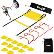 Yes4All Speed Training Equipment Set: 15ft Agility Ladder, Resistance Parachute, 5 Agility Hurdles, 12 Disc Cones with Carry Bag/Strap