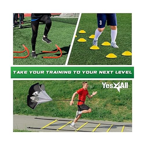  Yes4All Speed Training Equipment Set: 15ft Agility Ladder, Resistance Parachute, 5 Agility Hurdles, 12 Disc Cones with Carry Bag/Strap