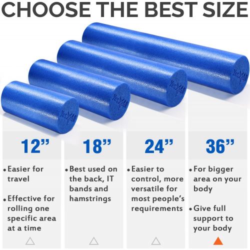  Yes4All Premium Medium Density Round PE Foam Roller for Physical Therapy, Pilates, Yoga, Stretching, Balance & Core Exercises with 4 Sizes (12, 18, 24 & 36 inch) - Multi Color