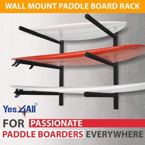  Yes4All Heavy Duty Steel Wall Mount Paddle Board Racks, Surfboard Hanger with Padded Foam, Store & Display Up to 3 Surfboards, Snowboards, Longboards, Black, 34.25 x 5.51 x 3.54