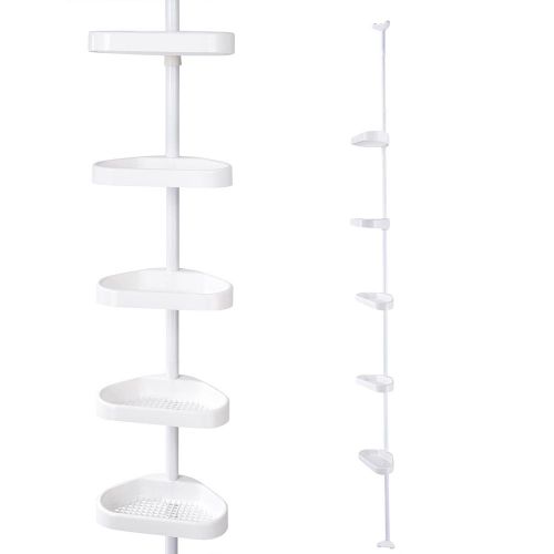  YesHom 5-Tier White Plastic Tension Bathroom Corner Shelf Bath Shower Caddy Pole Storage Rack Tower Organizer Basket