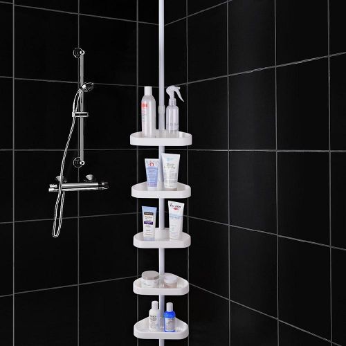  YesHom 5-Tier White Plastic Tension Bathroom Corner Shelf Bath Shower Caddy Pole Storage Rack Tower Organizer Basket