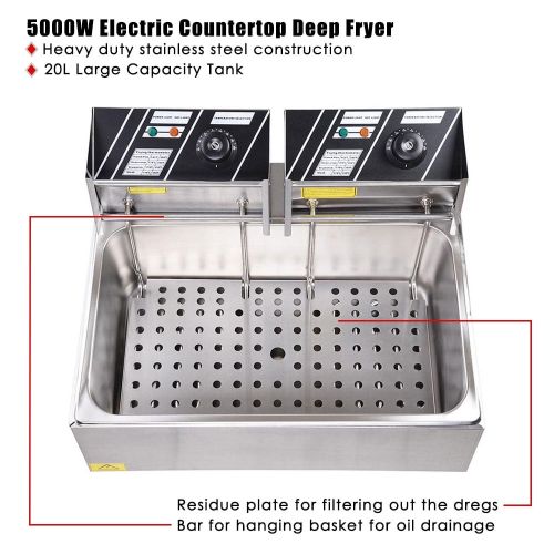  Yescom 20L 5000W Commercial Deep Fryer Large Tank Stainless Steel Single Basket Countertop Electric Machine Restaurant