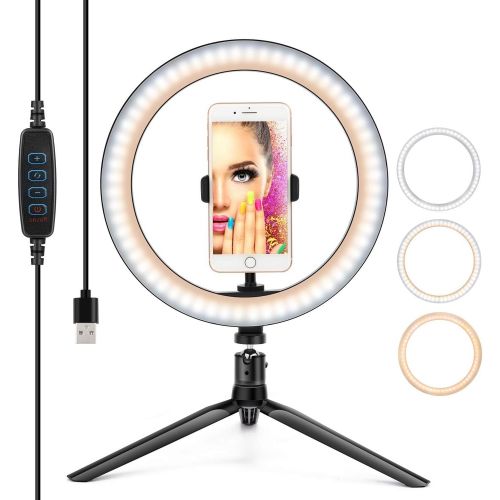  [아마존베스트]Yesker 10” Ring Light LED Desktop Selfie Ring Light USB LED Desk Camera Ringlight 3 Colors Light with Tripod Stand iPhone Cell Phone Holder and Remote Control for Photography Makeup Live