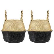 Yesland 2 Pack Seagrass Belly Basket, Black Hand Woven Plant Basket with Handles, Perfect for Storage, Laundry, Picnic, Plant Pot Cover, Toy Storage (M)
