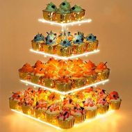 YestBuy 4 Tier Cupcake Stand Acrylic Tower Display with LED Light Premium Holder Dessert Tree Tower for Birthday Cady Bar Decor Weddings, Parties Events (Yellow Light)