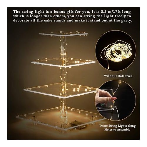  YestBuy 4 Tier Cupcake Stand Acrylic Tower Display with LED Light Premium Holder Dessert Tree Tower for Birthday Cady Bar Decor Weddings, Parties Events (Yellow Light)