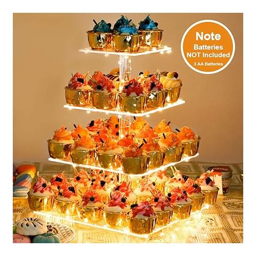  YestBuy 4 Tier Cupcake Stand Acrylic Tower Display with LED Light Premium Holder Dessert Tree Tower for Birthday Cady Bar Decor Weddings, Parties Events (Yellow Light)