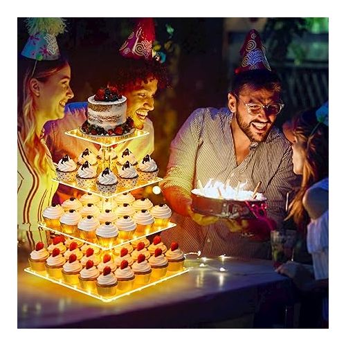  YestBuy 4 Tier Cupcake Stand Acrylic Tower Display with LED Light Premium Holder Dessert Tree Tower for Birthday Cady Bar Decor Weddings, Parties Events (Yellow Light)