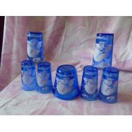 /YesterdaysGold Six Vintage Cobalt Blue Hazel Atlas Glasses and Ice Bucket, Dutch Windmill Pattern, Vintage 1930s Pattern,