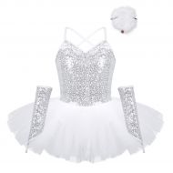 YiZYiF Girls Swan Lake Costumes Princess Sequined Dance Tutu Ballet Dress Leotard with Arm Sleeves Hair Clip