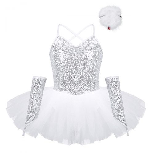  YiZYiF Girls Swan Lake Costumes Princess Sequined Dance Tutu Ballet Dress Leotard with Arm Sleeves Hair Clip