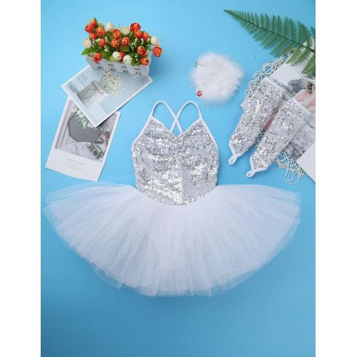  YiZYiF Girls Swan Lake Costumes Princess Sequined Dance Tutu Ballet Dress Leotard with Arm Sleeves Hair Clip