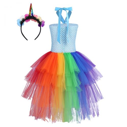  YiZYiF Children Girl Mythical Dress Kids Princess Tutus Party Dresses Easter Halloween Costume Rainbow Train