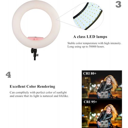  Yidoblo 96W 18 LED Ring Light Kit FE-480II Black Photo Studio Video Portrait Selfie Makeup Youtub Lighting Bicolor with Remote, PhoneCamera Holder, Mirror, Light Stand, Batteries&