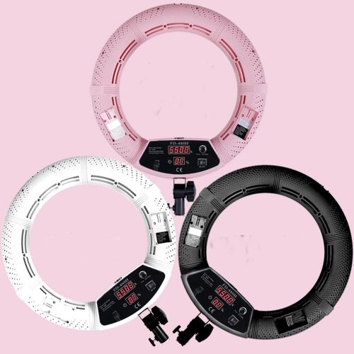  Yidoblo 96W 18 LED Ring Light Kit FE-480II Pink Video Studio Portrait Selfie Makeup YouTube Lighting Bicolor with Remote, PhoneCamera Holder, Mirror, Light Stand, Two Batteries&Ch